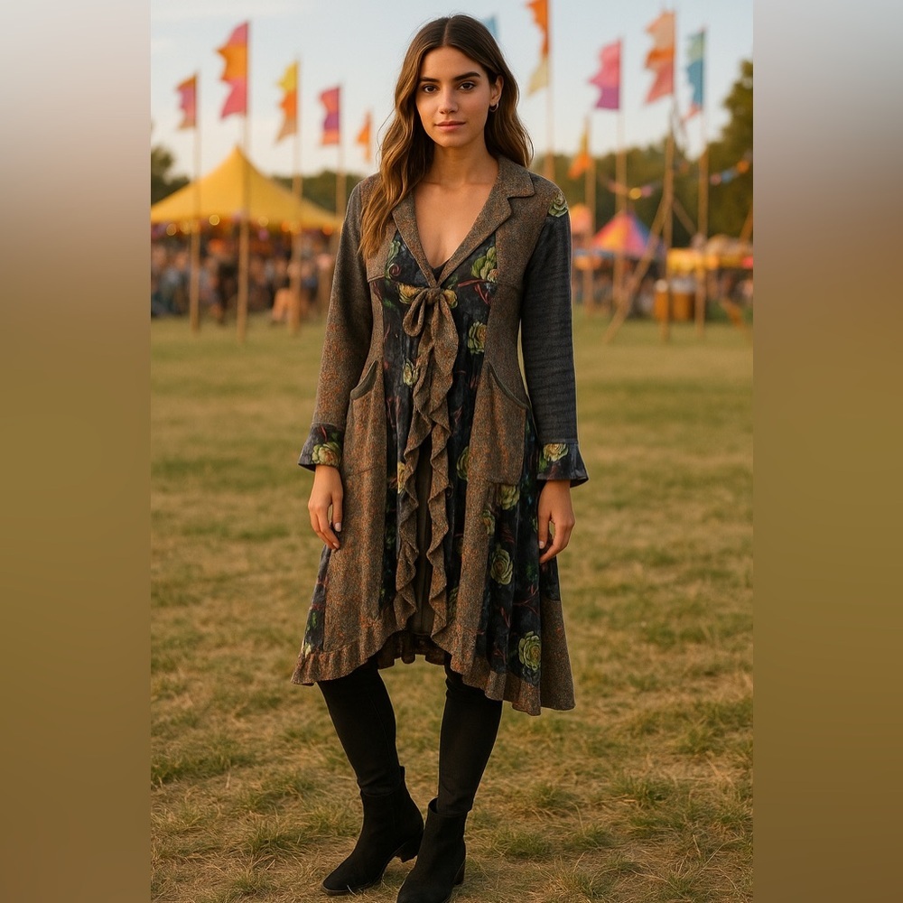 Aneis.A Patchwork Boho Duster Cardigan XL Velvet Floral Ruffle Open Front Pocket